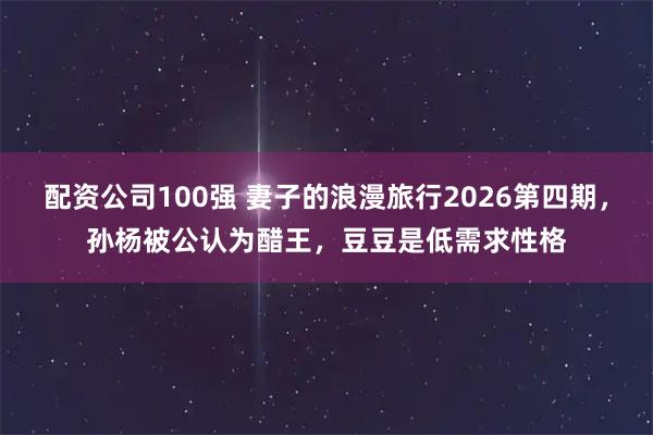 配资公司100强 妻子的浪漫旅行2026第四期，孙杨被公认为醋王，豆豆是低需求性格